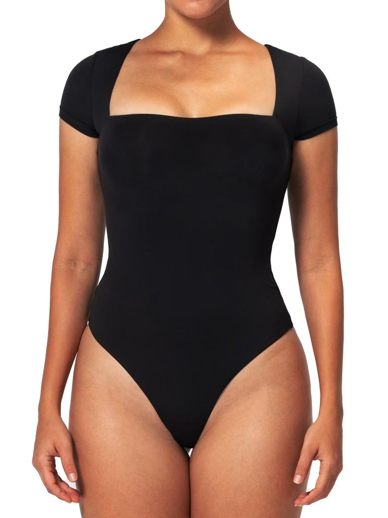 Women's Short Sleeve Bodysuits Double Lined Thong Body Suit Shirt Square Neck Going Out Tops Casual Tight Leotards