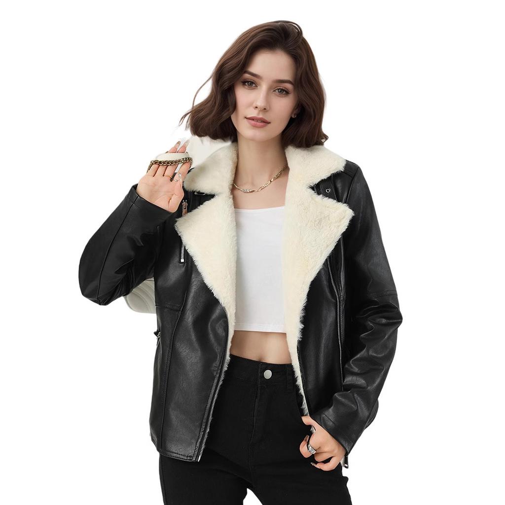 Winter Women's Fleece Jacket Thick Warm PU Leather Jacket Slim Turn Down Collar Flocked Leather Coat