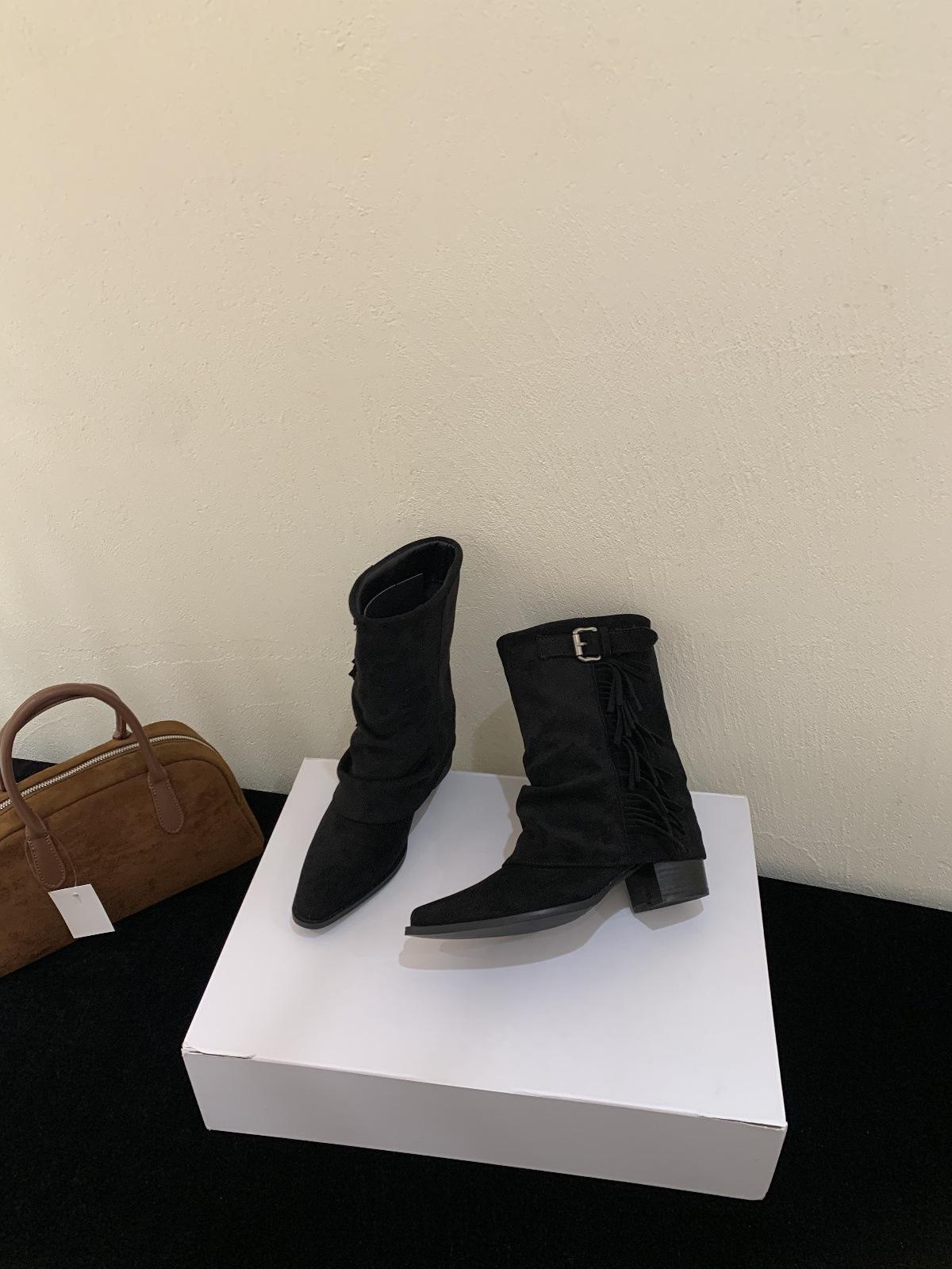 Niche design short Martin boots autumn and winter fringed retro thin fashion boots women 35