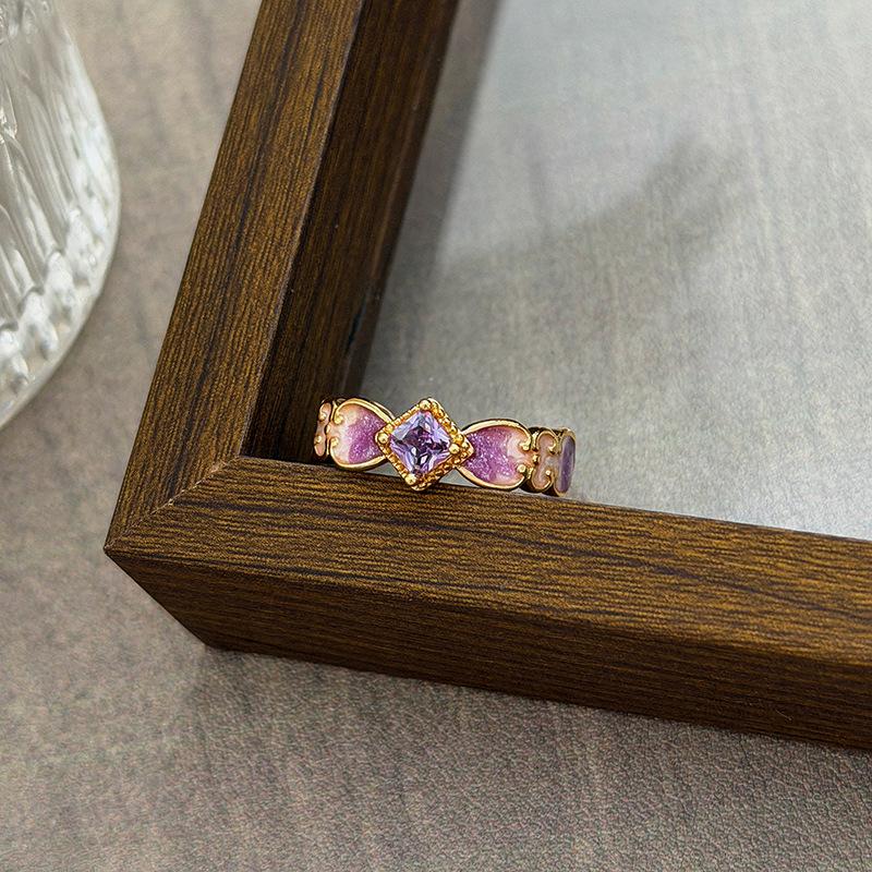 Medieval Vintage Court Style Light Luxury Retro Flower Auspicious Cloud Purple Enamel Open Ring Niche Stacked Wearing Woman