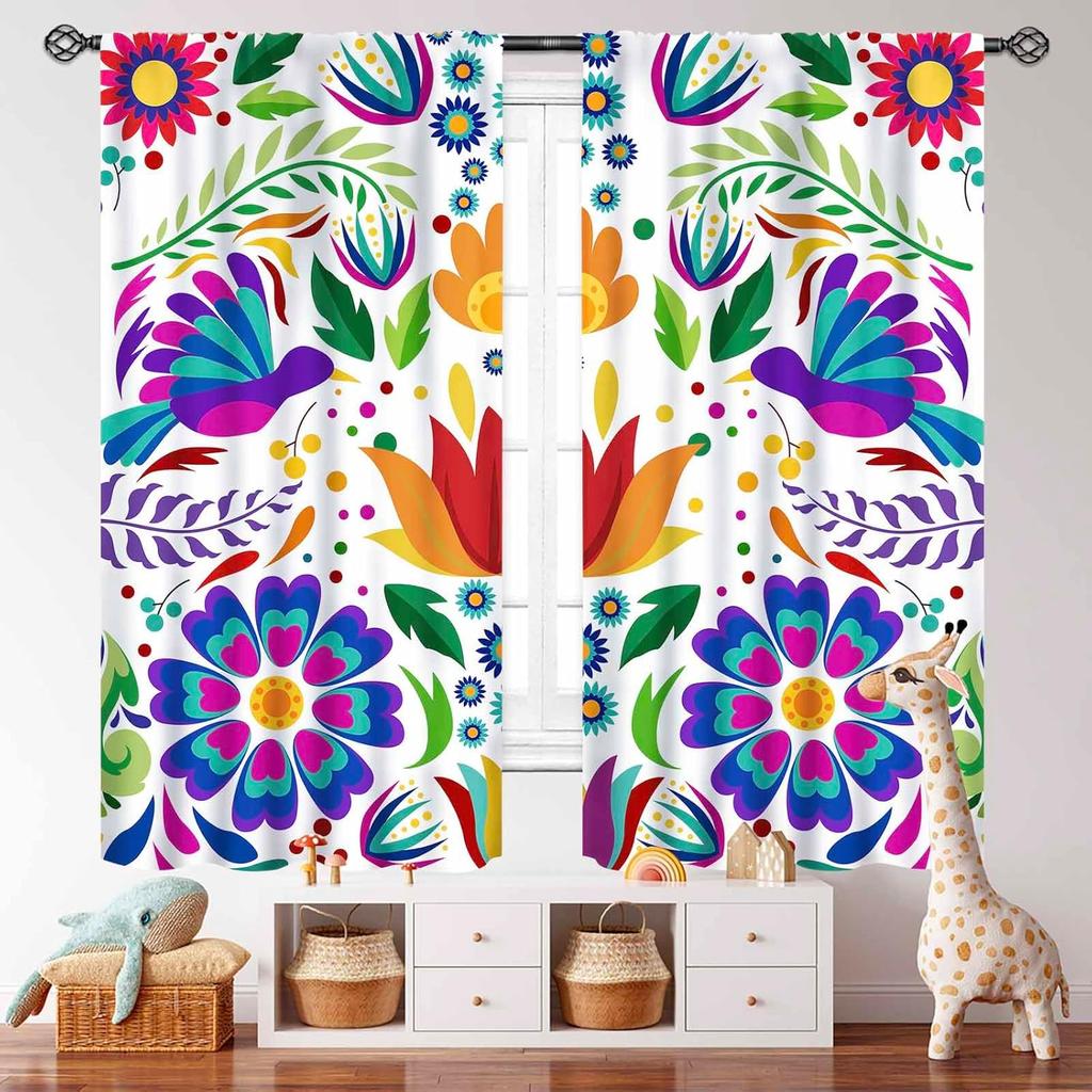 Mexican Flowers Curtains,Traditional Mexico Style Colorful Floral Cinco De Mayo Dia De Los Muertos Boho Botany Rustic Style