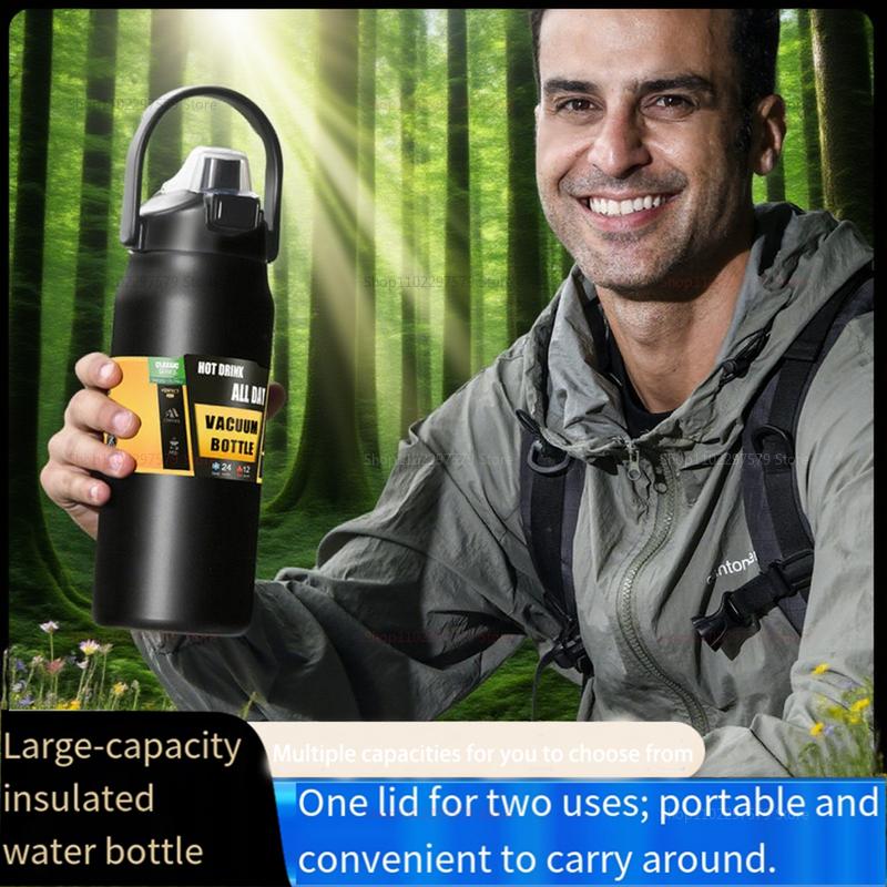 New 304 Stainless Steel Double Lid Portable Thermos with Large Belly Cup Outdoor Sports Water Kettle and Large Capacity Space Ke