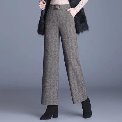Women's Autumn   Winter Woolen High-Waisted Pants - Herringbone Elastic Waist Loose Straight-Leg Casual Trousers