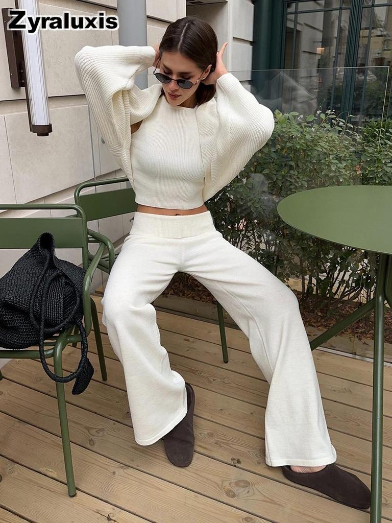 Three-piece Set, Autumn, Knitted Sweater with Loop Neck Camisole High-waisted Wide Leg Pants Suit