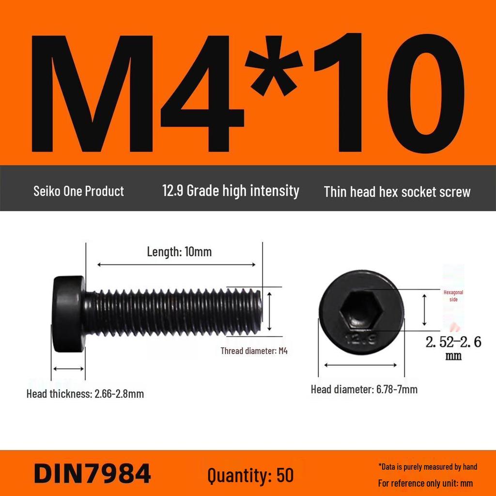 DIN7984 Grade 12.9 Thin Head Hex Socket Cap Screws - Sizes M3 To M16