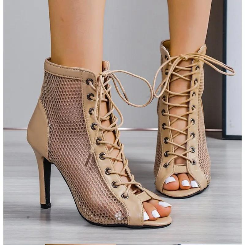 Fashion Sexy High Heels Hollow Mesh Sandals for Women Peep Toe Stilettos Comfortable Plus Size Jazz Dance Fashion Trend Summer Boots