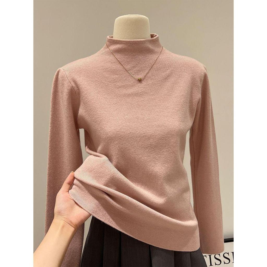 Apricot Slim-Fit Knitted Turtleneck Sweater - Long-Sleeve, Half-High Collar, Pullover for Autumn/Winter