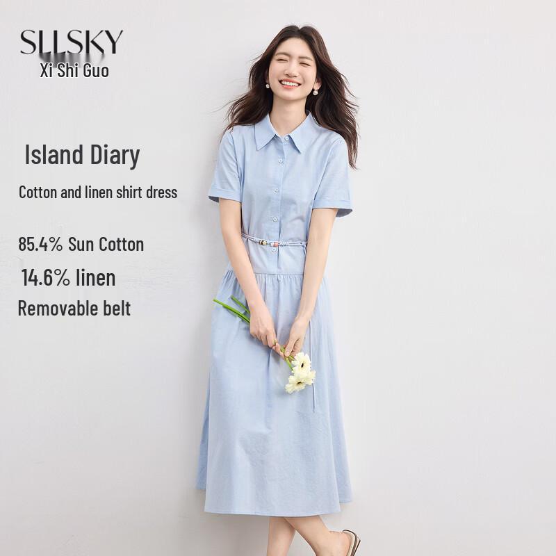 Women s Elegant Blue Cotton Linen Short Sleeve Shirt Dress M