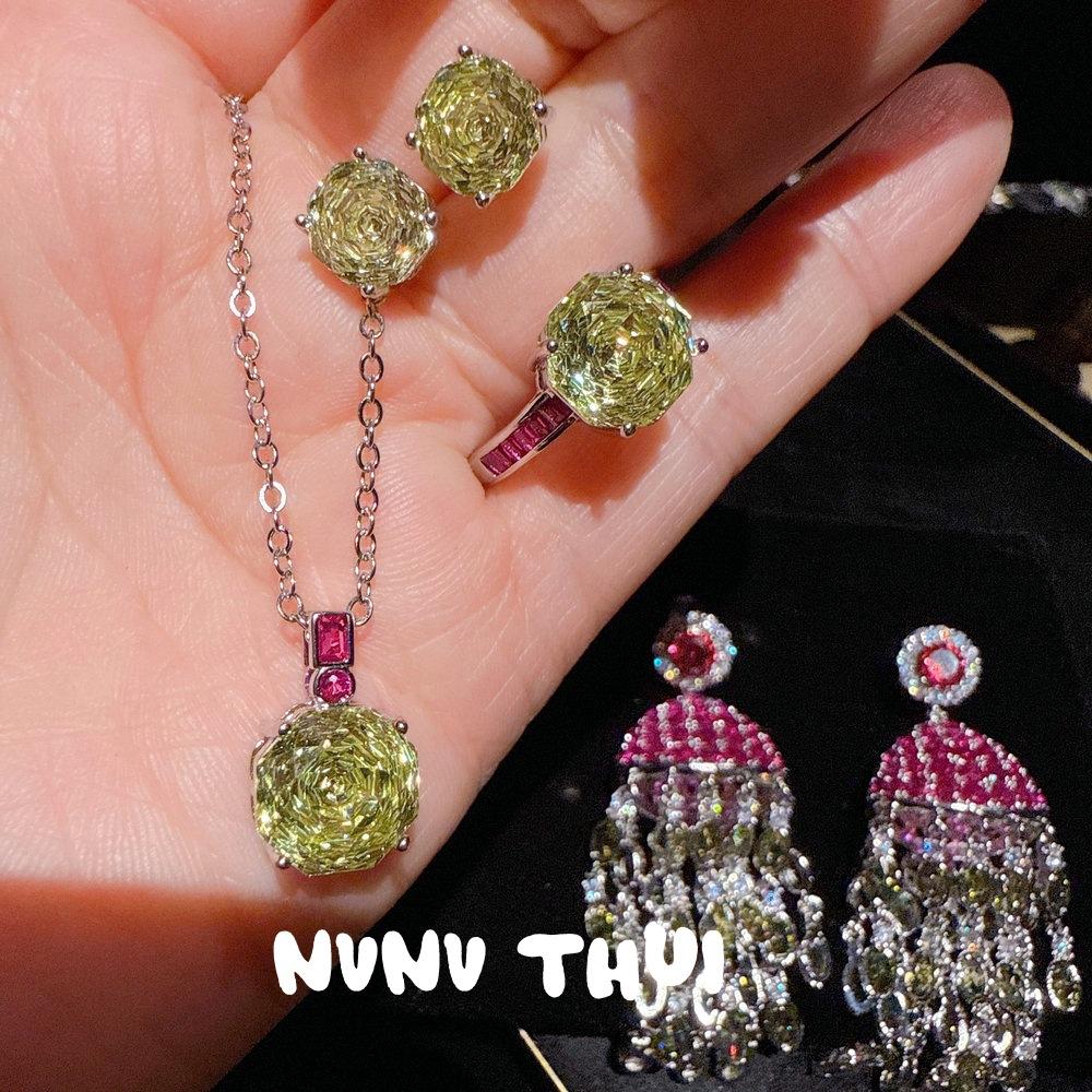 Jewelry Concubine Rose Pink Jellyfish Gemstone Fringed Earrings Banquet Haute Couture Olive Green Ice Flower Cut Zircon Necklace Set