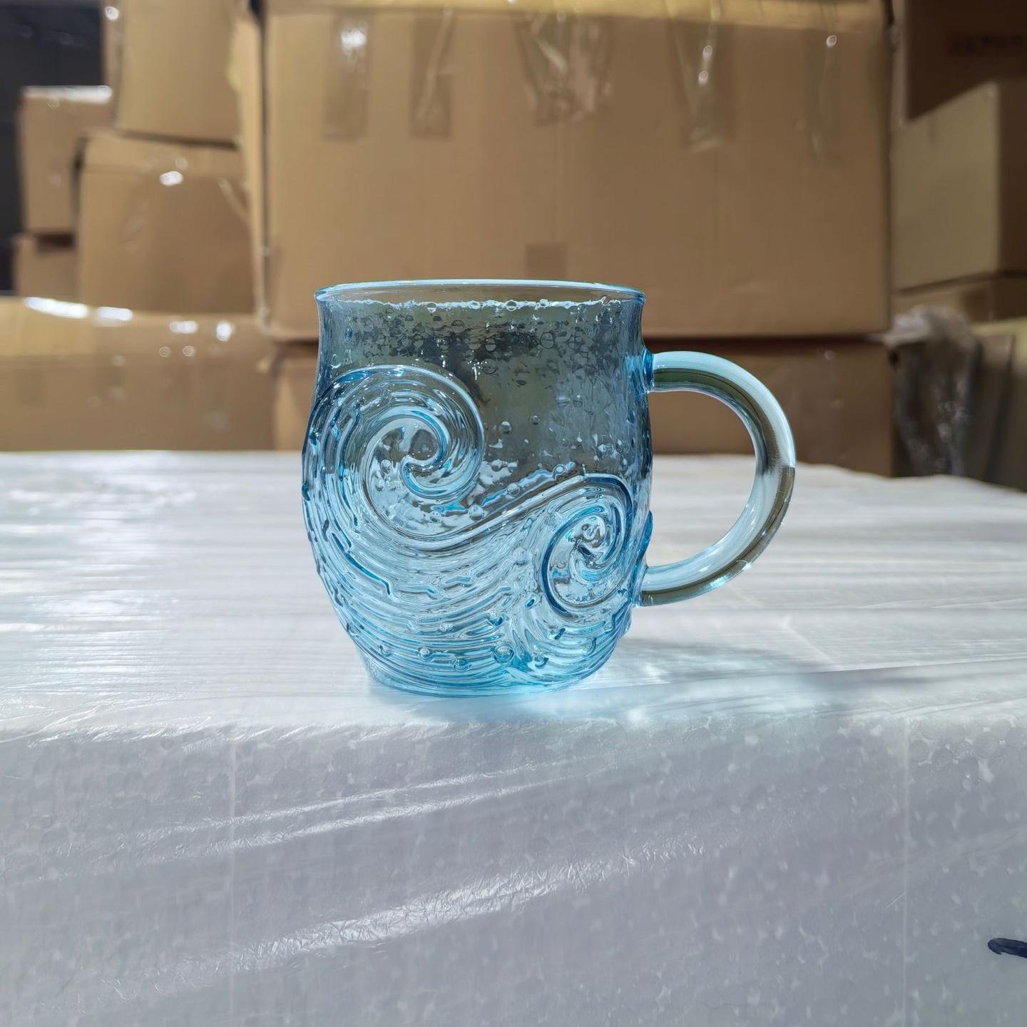 Sea Glass Wave Mug Handblown Ocean Wave Glass Coffee Mug Cup Textured Sea Wave Design Unique Glassware for Tea, Coffee, Cocktail 301-400ml