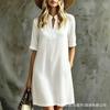 New European and American stand-up collar notch, elegant V-neck short-sleeved dress, women's loose casual pocket straight short skirt
