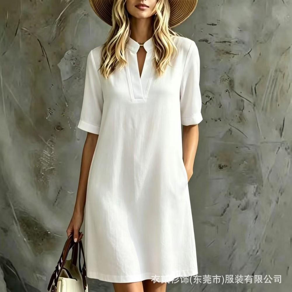 New European and American stand-up collar notch, elegant V-neck short-sleeved dress, women's loose casual pocket straight short skirt