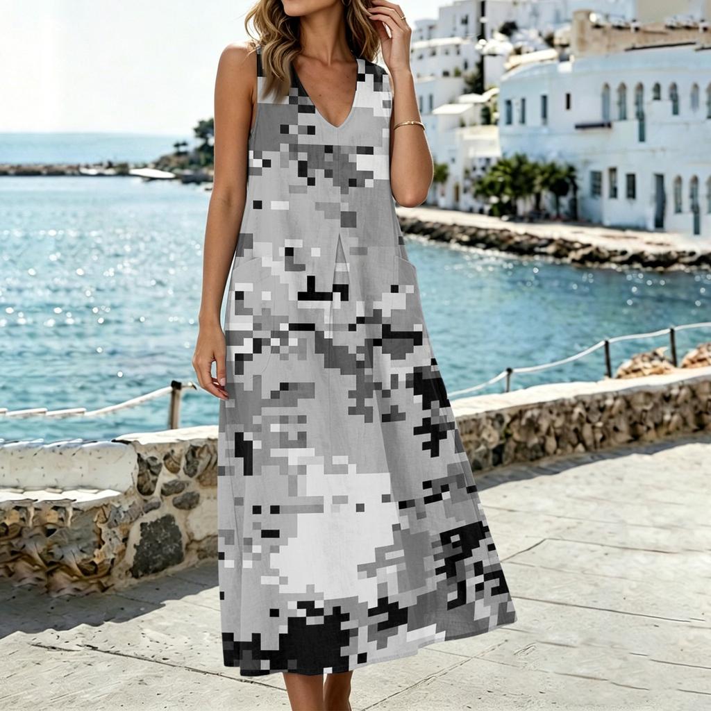 Women Sleeveless U Neck Pocket Split Hem Cotton Linen Dress with Floral Print Loose Fit Casual Style for Summer Wear