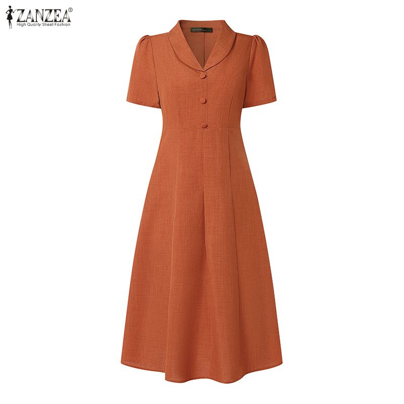 ZANZEA Elegant Women Turn Down Collar Casual Short Sleeve Dress
