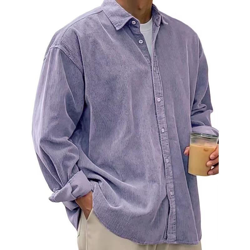 Camicia Casual Larga da Uomo in Velluto a Coste Europeo e Americano, Colore Unito, con Collo a Revers in Velluto a Coste