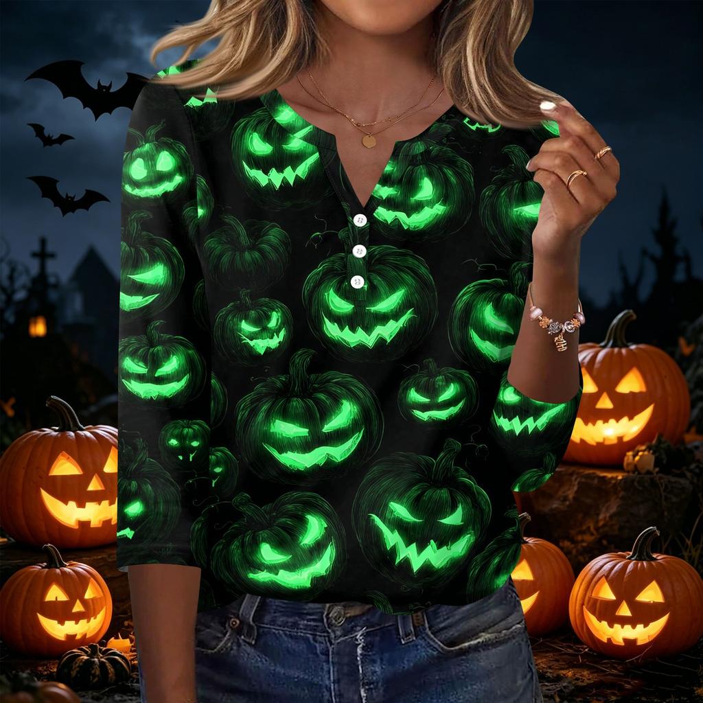Women's Halloween Printed V Neck Button Front Three Quarter Sleeve Casual Top Lightweight Soft Fabric Comfortable Fit