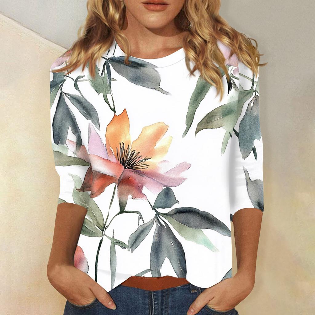 Modisches, lässiges Damenoberteil mit dreiviertel Ärmeln und Blumendruck und Rundhalsausschnitt