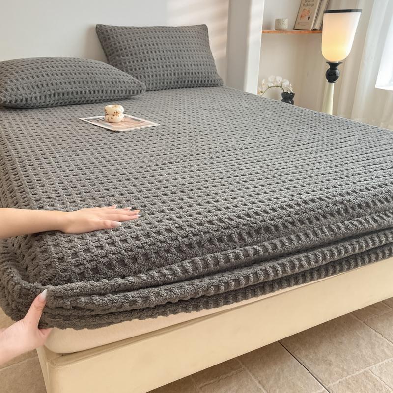 Solid Waffle Texture Fleece Fitted Sheet Autumn Winter Warm Mattress Protector Single Double Size Soft Bed Sheet with Pillowcase
