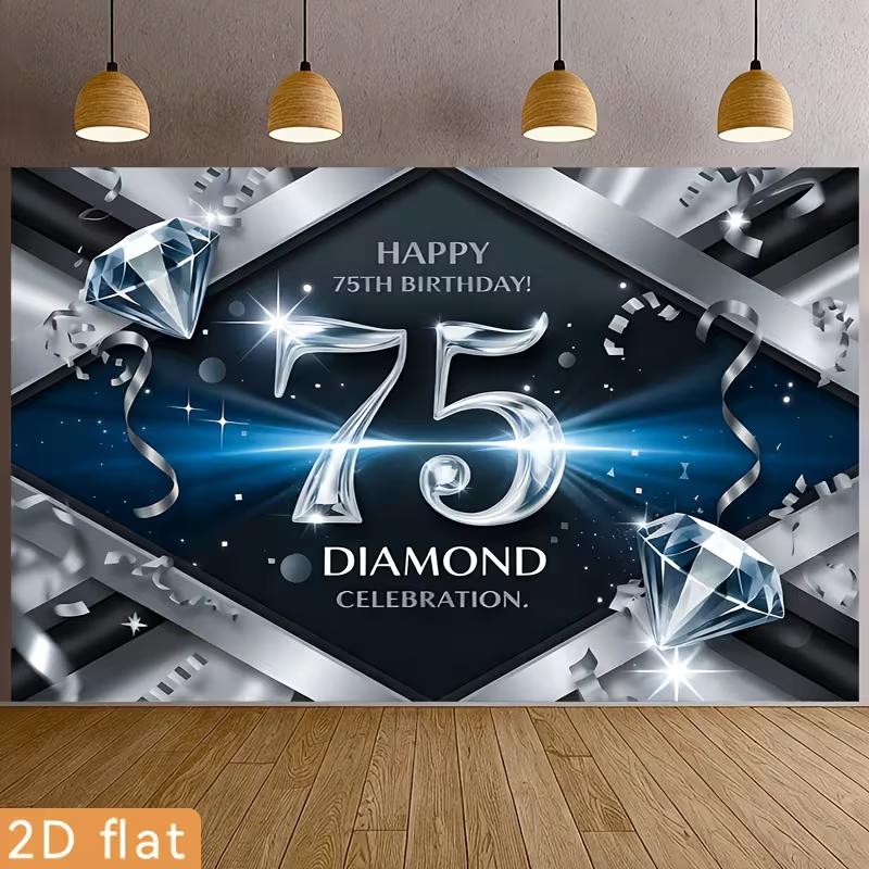 2D 75th Birthday Photography Backdrop Diamond Celebration & Silver Confetti Party Background