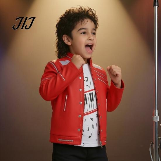 Themenparty Kostüm 1 Set Retro Popstar für Jungen, 80er 90er Star Outfit Musik Thema Halloween Kostüm, Rote Jacke, Hemd und Hose Bühnenauftritt