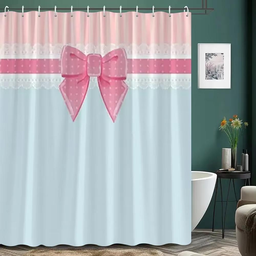 Modern Girl Pink Bow Pattern Shower Curtain, Bathroom Curtain,Printed Polyester Home Decorative Curtain With Hooks