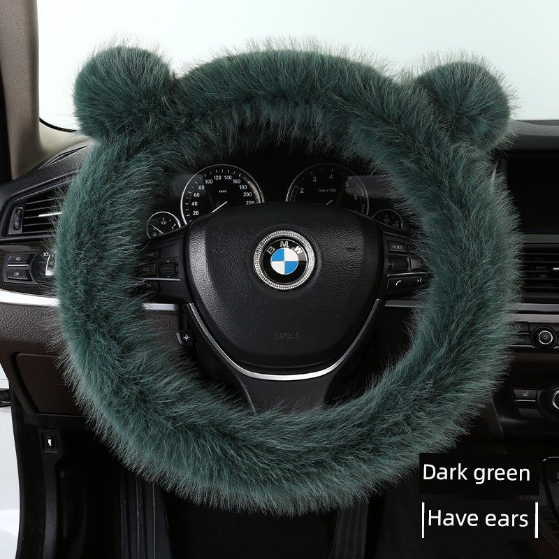

Car Steering Wheel Cover Winter Stuffed Car Warm Non-Slip Cute Cartoon Women D-Type Fleece-lined Car Handle Cover Dark Green with Ears