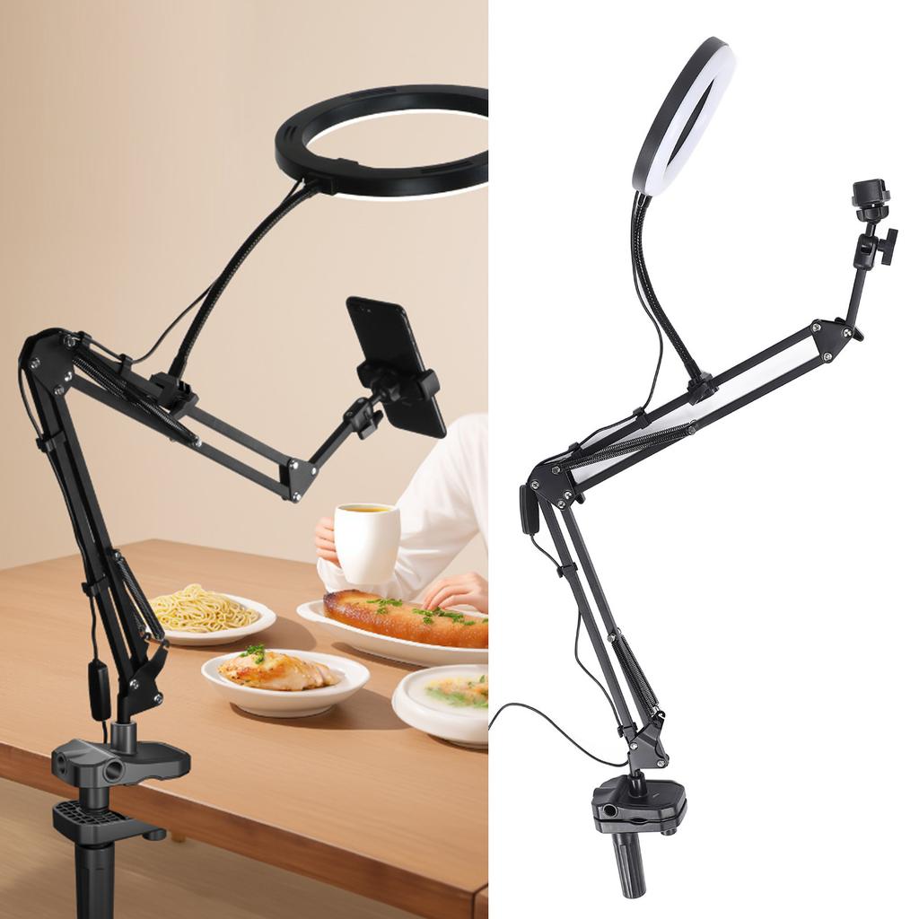 Inel luminos pentru selfie cu 3 temperaturi de culoare, braț retractabil, inel luminos deasupra capului cu clemă pentru suport de telefon
