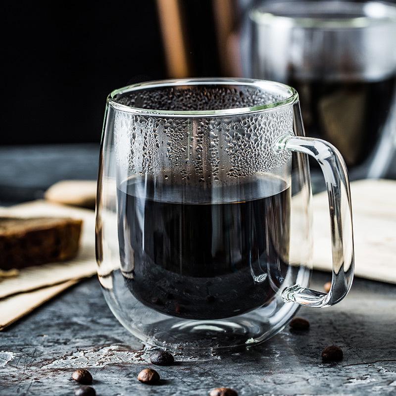High-Temperature Resistant Double-Walled Borosilicate Glass Coffee Mug with Handle - Clear, Available in Multiple Sizes