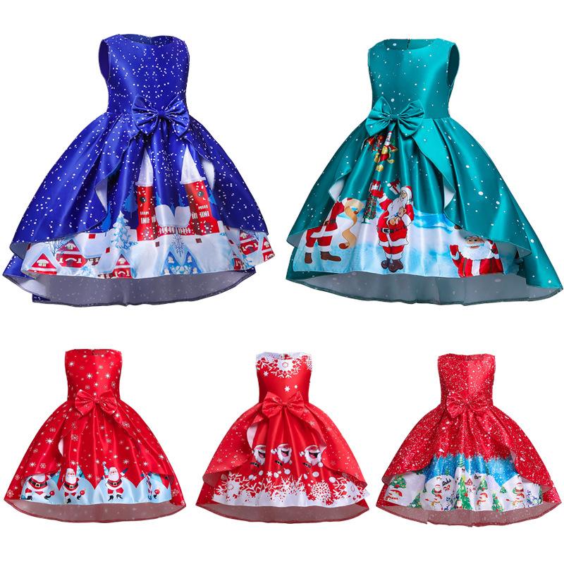 Red Xmas Party Dress for Girls Santa Claus Pattern Bow Cartoon