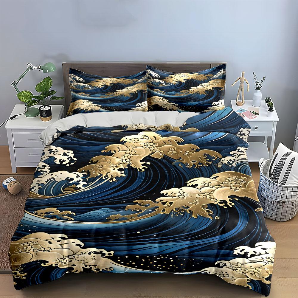 Golden Wave Pattern Decor Set Soft Comfortable Duvet Cover Bedding Set Included 1*Duvet Cover & 2*Pillowcases, Gift