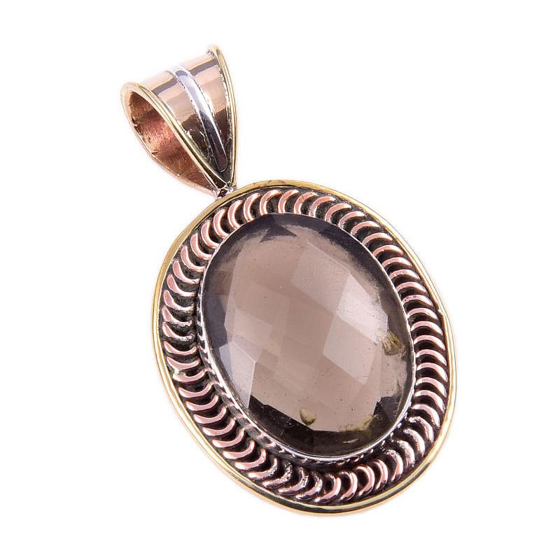 Natural Smoky Quartz 925 Solid Sterling Silver TwoTone Gift Pendant 1.50" l0Y29