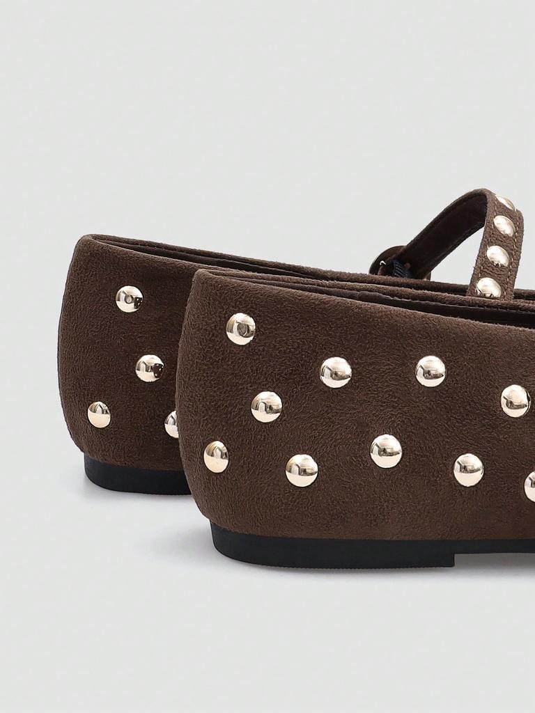 ADAMUMU Women's Brown Mary Jane Flats with Gold Sequin Embellishments
