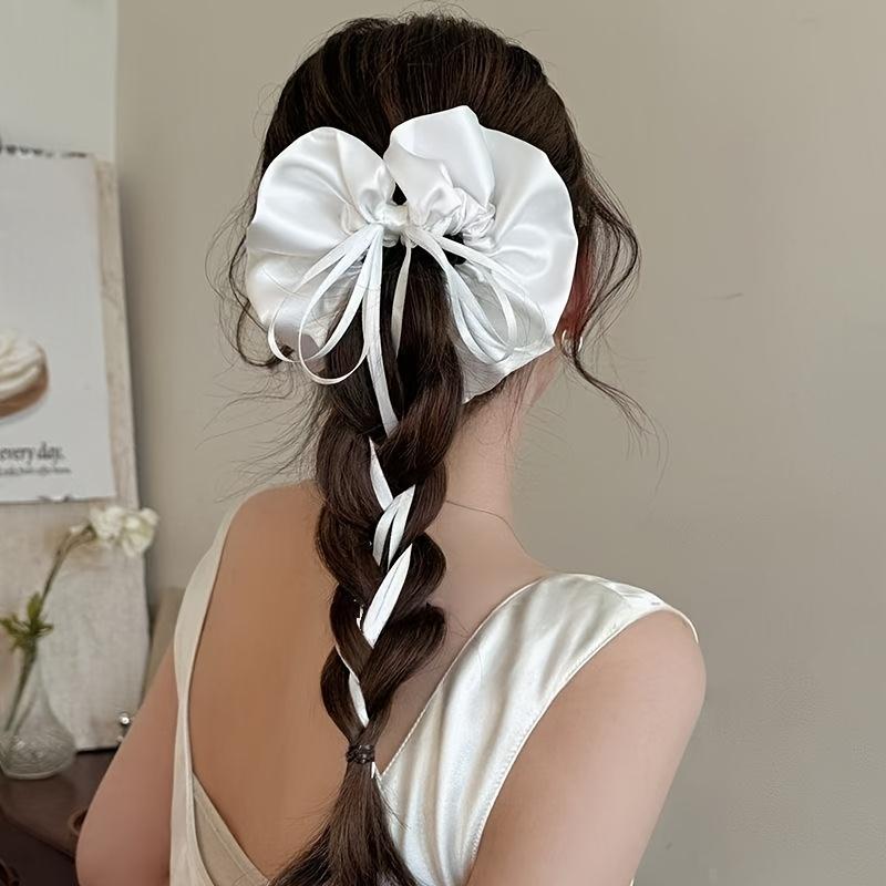 1Pc French Ballet Style Satin Bow Ribbon Hair Ring for Women to Tie Ponytail Hair Rope Temperament Hair Rope Hair Accessories