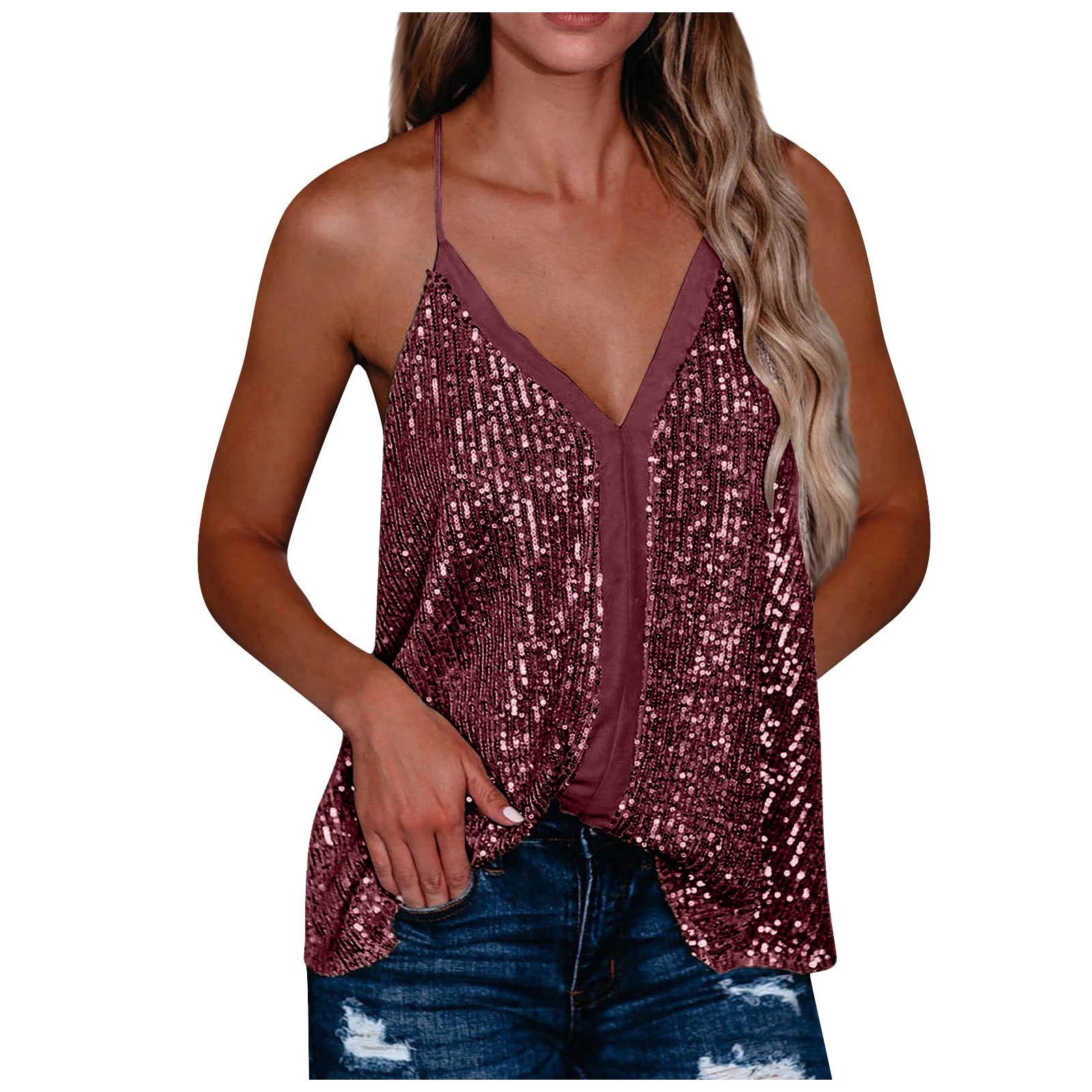 

Женская мода с V-образным вырезом и блестками на бретельках, свободные повседневные туники без рукавов, майки XL красный