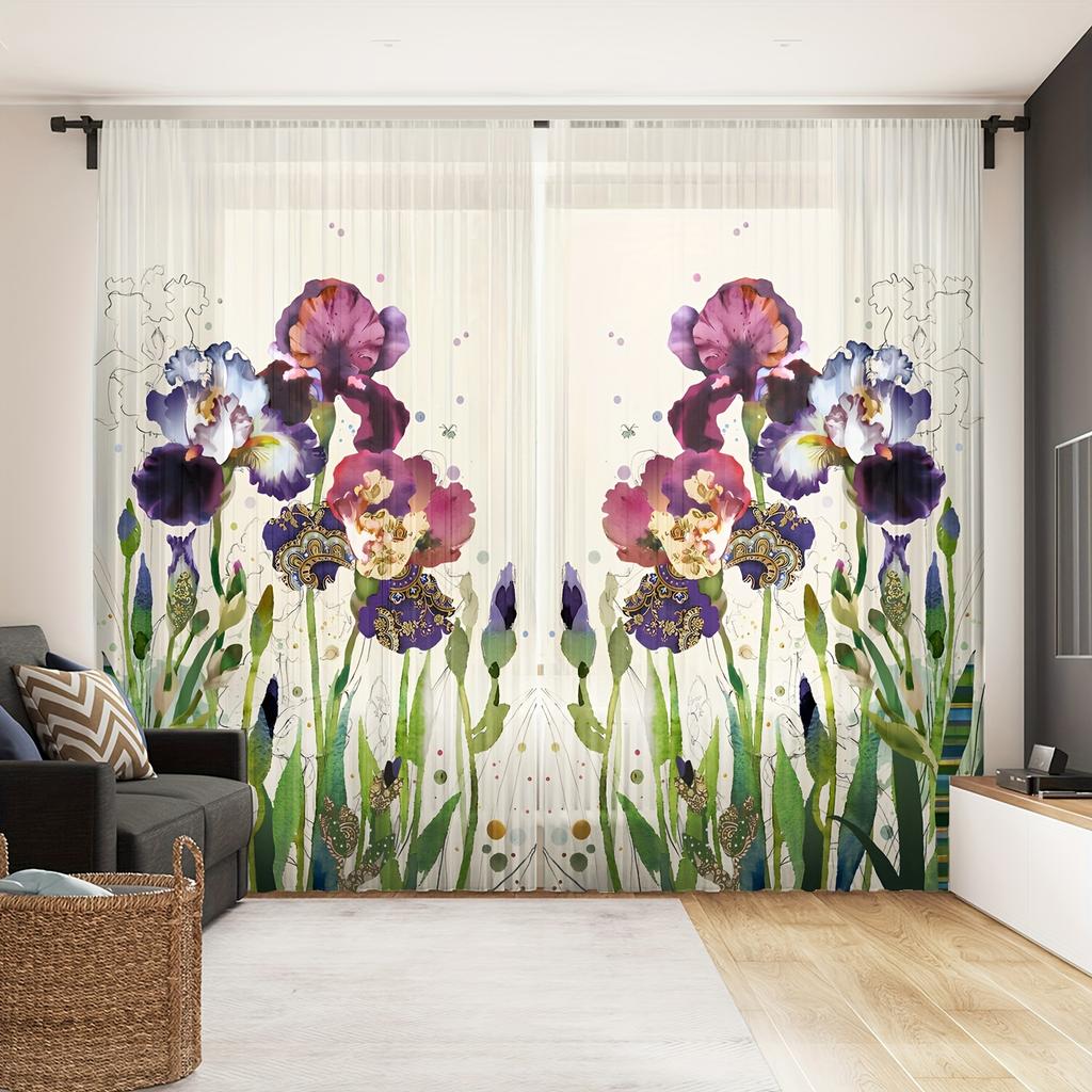 2 Stück Blumendruck Halbtransparenter Vorhang Lichtfilternde Vorhänge für Wohnzimmer Schlafzimmer Küche Café Heimdekoration cortinas