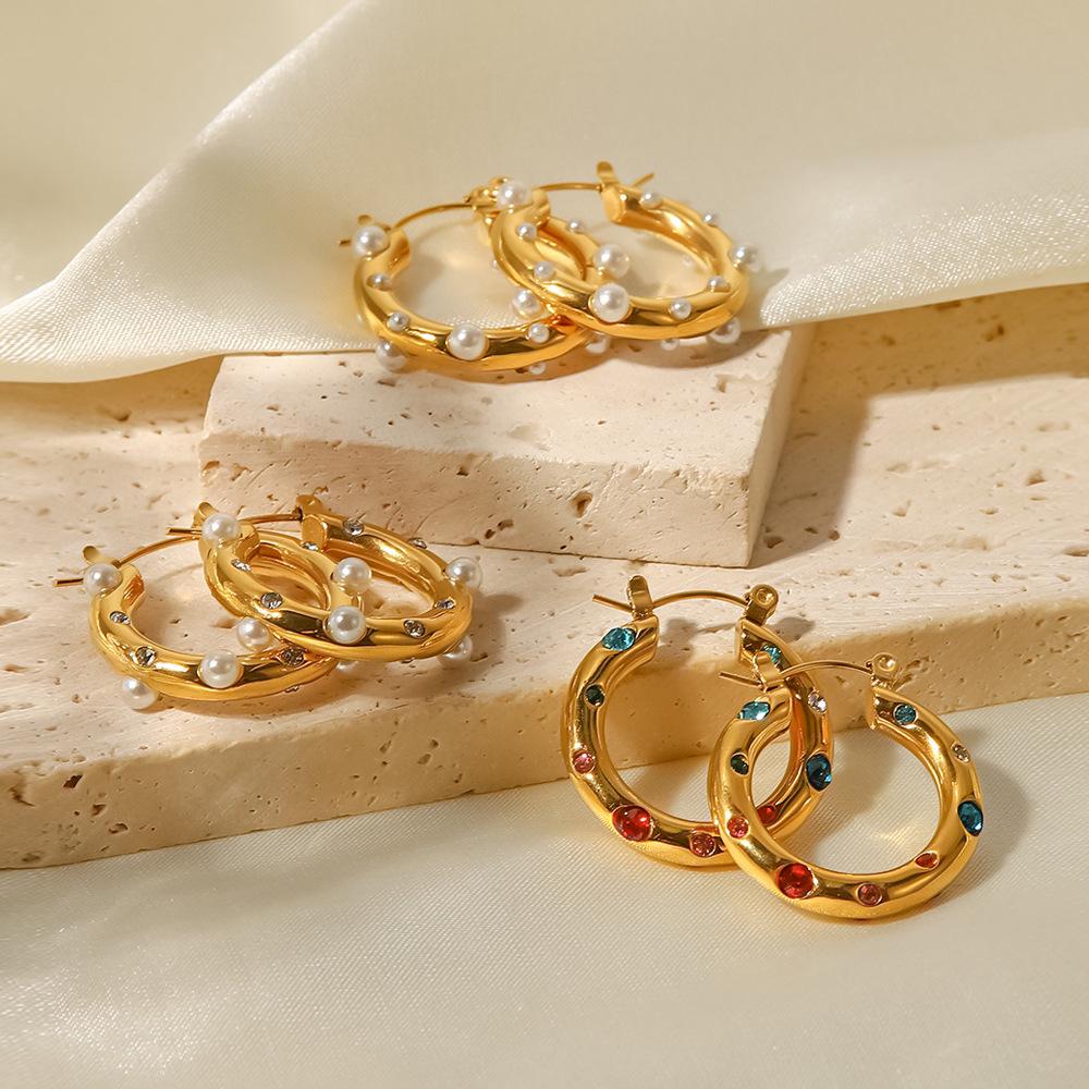 

18K Titanium Steel Hoop Earrings with Pearls & Zircon