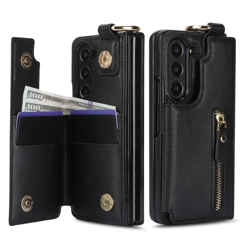 PU Leather Ring Zipper Wallet with Card Holder Phone Case for Samsung Galaxy Z Fold 6 5 4 3 Fold6 Fold5 Fold4 5G Kickstand Cover
