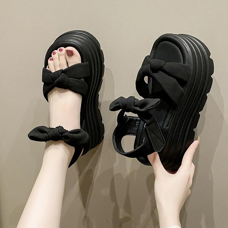 Fashion 8CM High Platform Sandals Women New Summer Breathable High Heels Ladies Butterfly-knot Sneakers Wedges Chunky Slippers Sandalias
