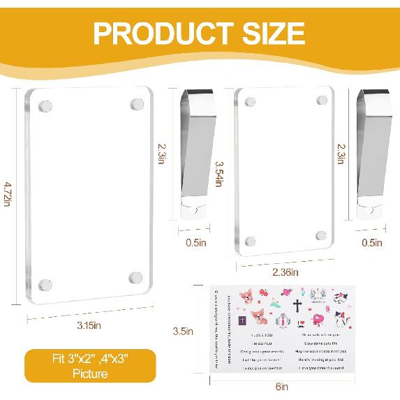 2Pcs Car Picture Holder ,Acrylic Magnetic Car Visor Photo Clip For 3" & 4" Photos - With Safe Driving & Love Messages Stickers, Meaningful Car