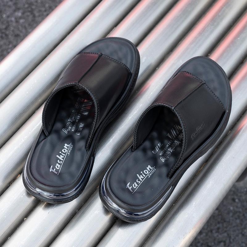 2025 summer new sandals men's leather air cushion cool slippers wear casual soft bottom light one-word drag men