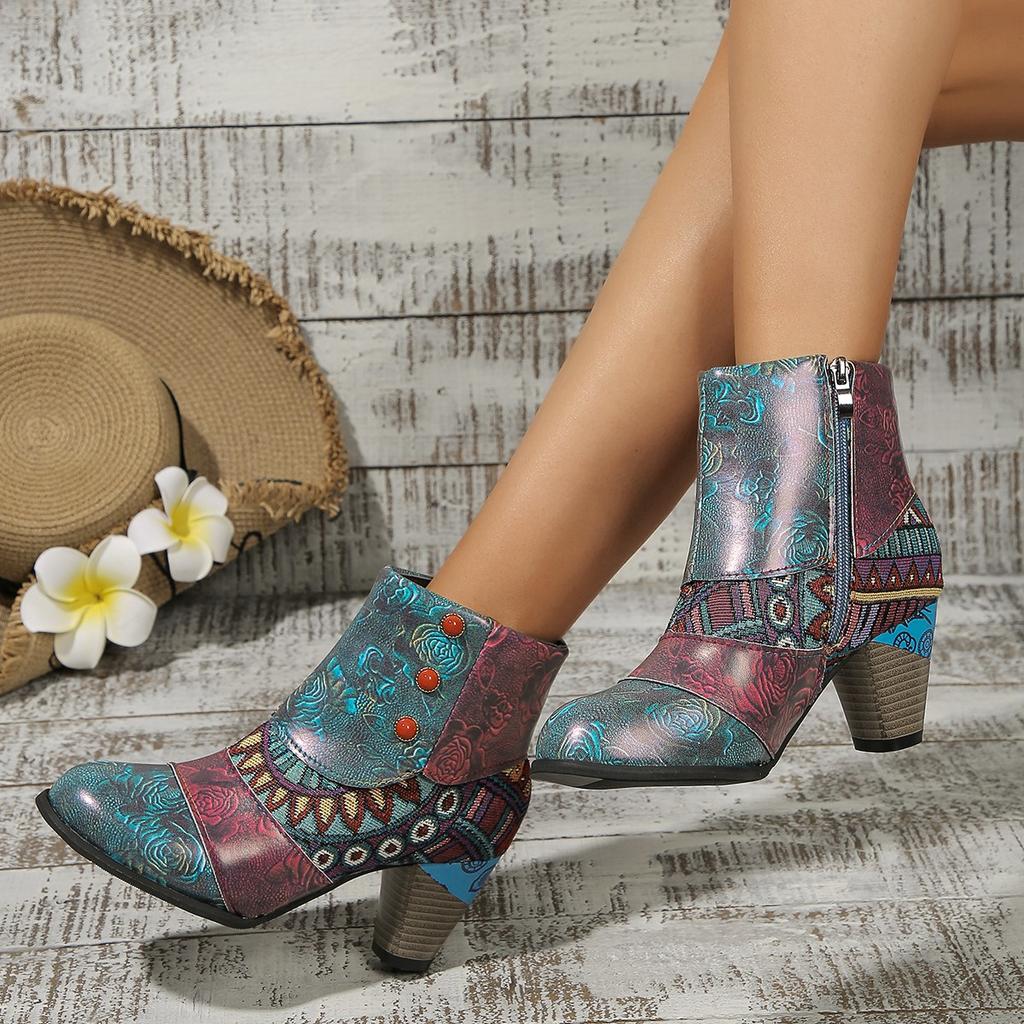 Large size European, American Bohemian women's Martin boots ethnic style casual retro high-heeled short leather boots