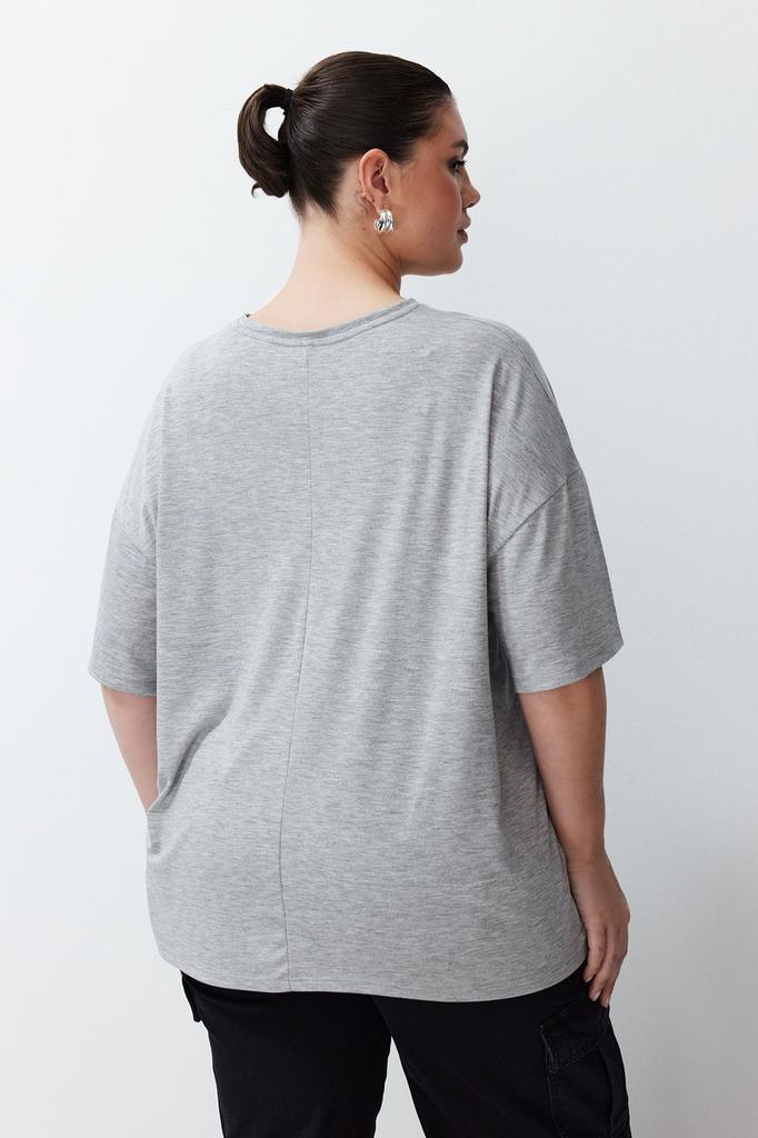 Damski Styl Plus Size Szary Melanżowy Drukowany Oversize Dzianinowy T-shirt
