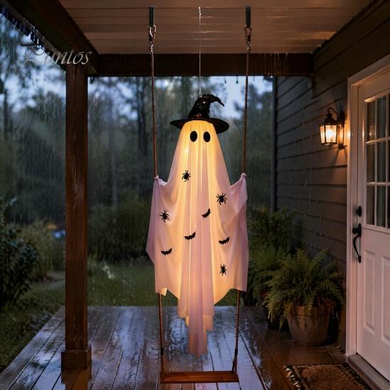 Facile Installazione Decorazioni Giardino Autunnale Grande Altalena Sospesa Fantasma Decorazione di Halloween, 5FT Spettrale su Luci del Portico Controllate da Telecomando con Cappello da Strega per