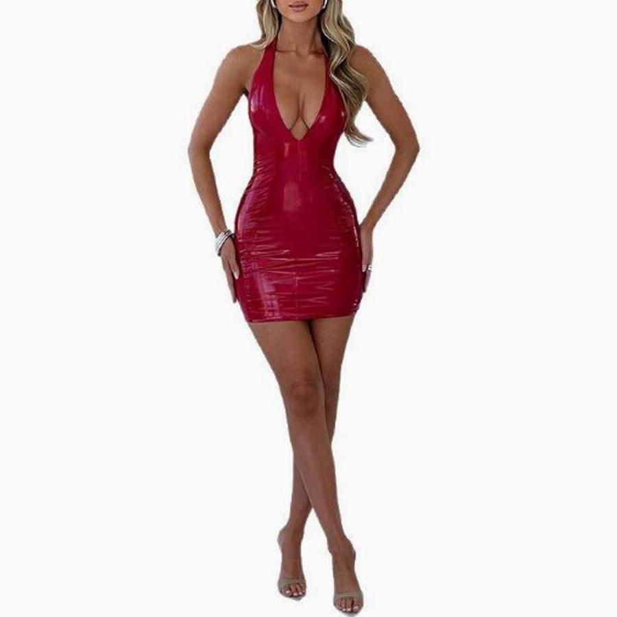 Women's New Mirror PU Chain Neck V-Neck Slim Fit Bodycon Dress for Nightclub Party