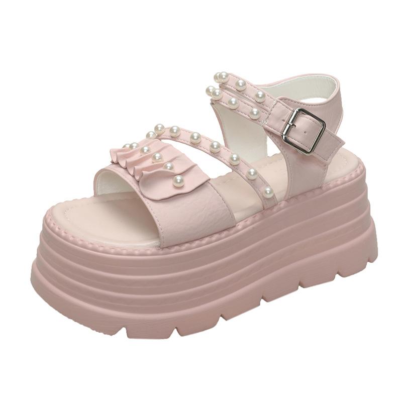 Fairy Wind Thick-soled Muffin Buckle Sandals Women Wear Popular Summer New Slope Heel Beaded Muffin Bottom Cool Slippers