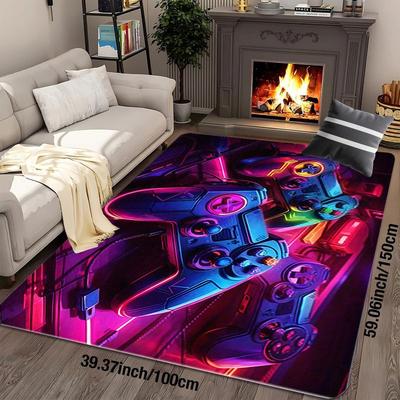 Flannel Printed Gaming Controller Rug Neon Light Design Soft Fleece Floor Mat Living Room Carpet Gamer Decor Cyberpunk Rugs