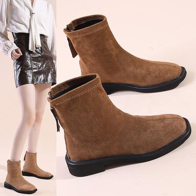 Large Size Low Heel Simple Short Boots Women's 2024 Korean Version of the New Suede Rear Zipper Thick Heel Thin Short Martin Boots