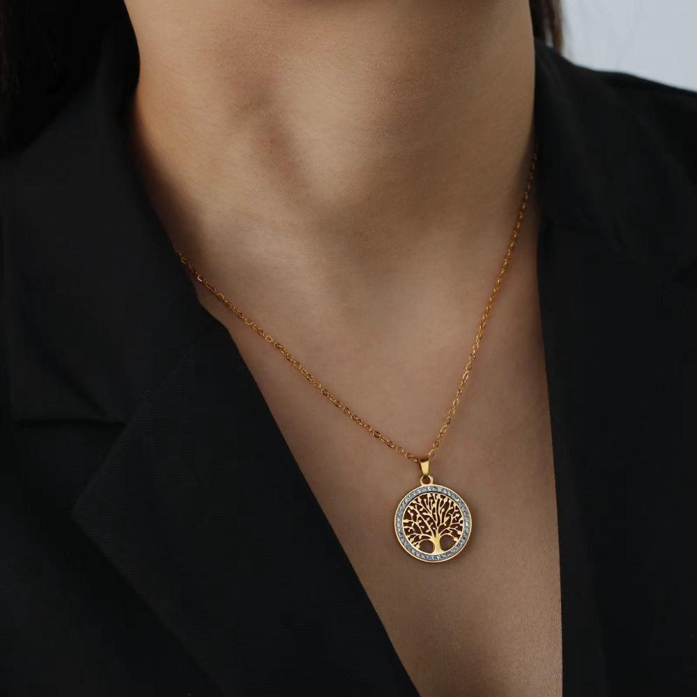 

Fashion Stainless Steel Hollow Inlaid Zircon Tree of Life Pendant Necklace for Women Clavicle Chain Luxury Zircon Wedding Gift 45cm