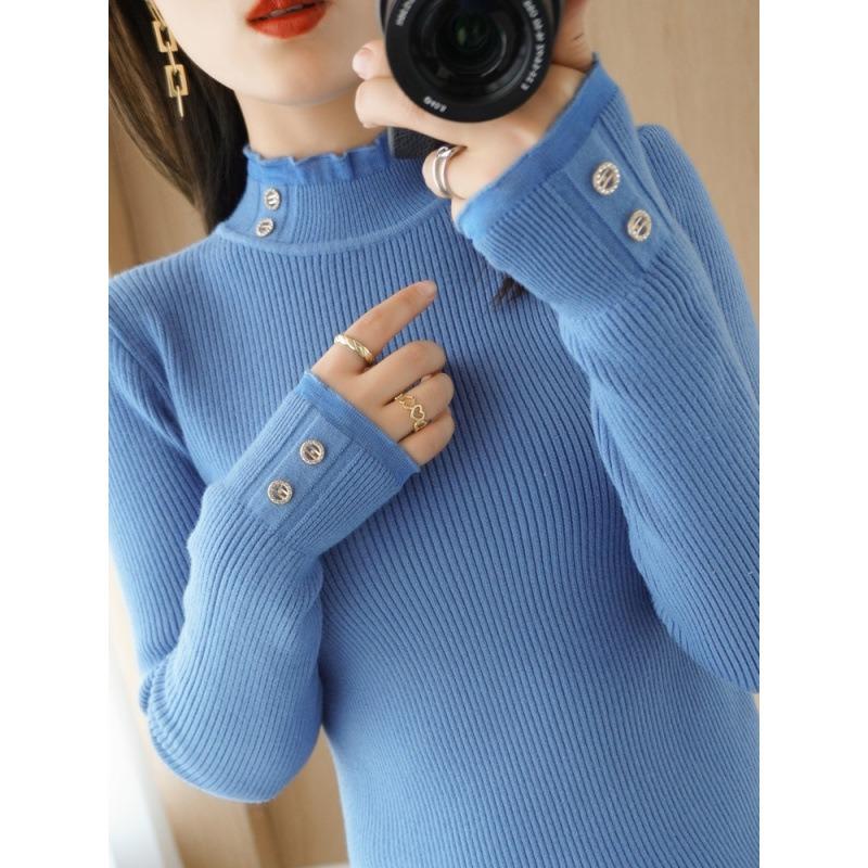Knitted bottoming shirt autumn and winter new semi-turtleneck sweater women's pullover sweater long-sleeved slim-fit button-up top