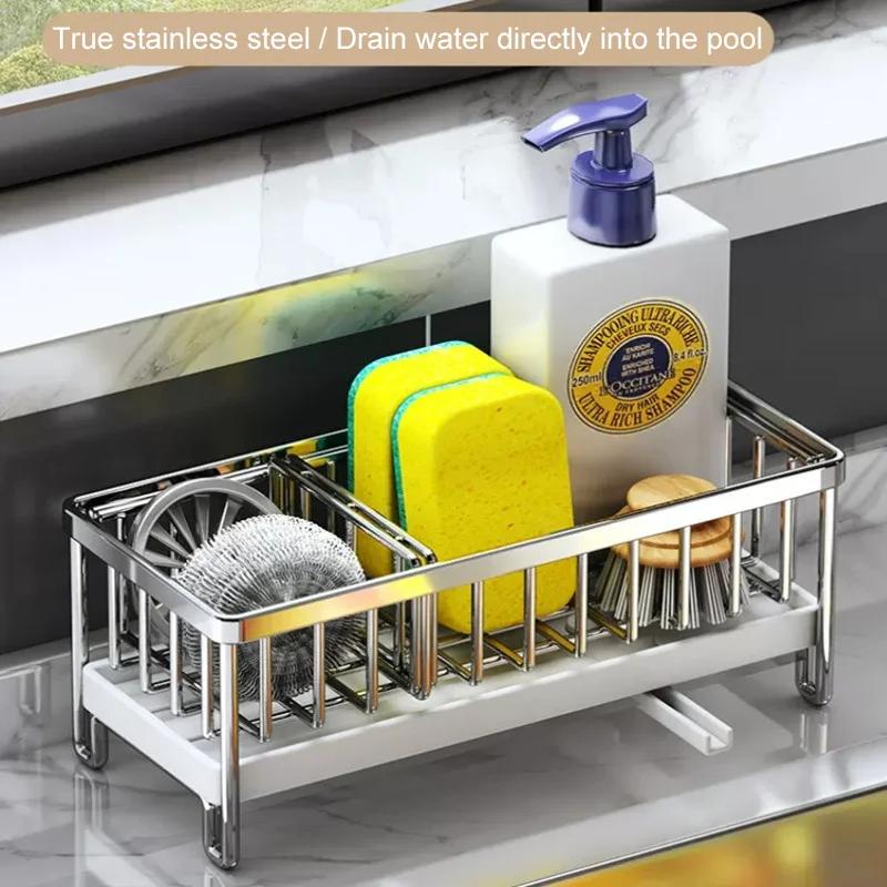 Sponge Holder Kitchen Organizer Dish Drainer Soap Rack Sink Tray Stainless Steel Rack Storage Basket Shelf Kitchen Accessories
